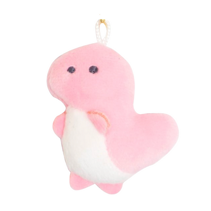 Pink dinosaur plush keychain with a white belly on a white background