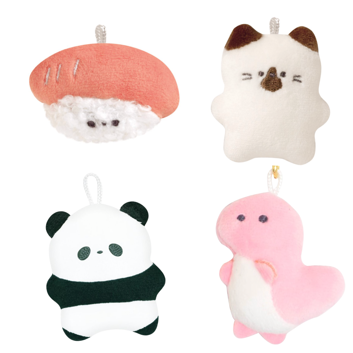 Set of four cute plush keychains on a white background