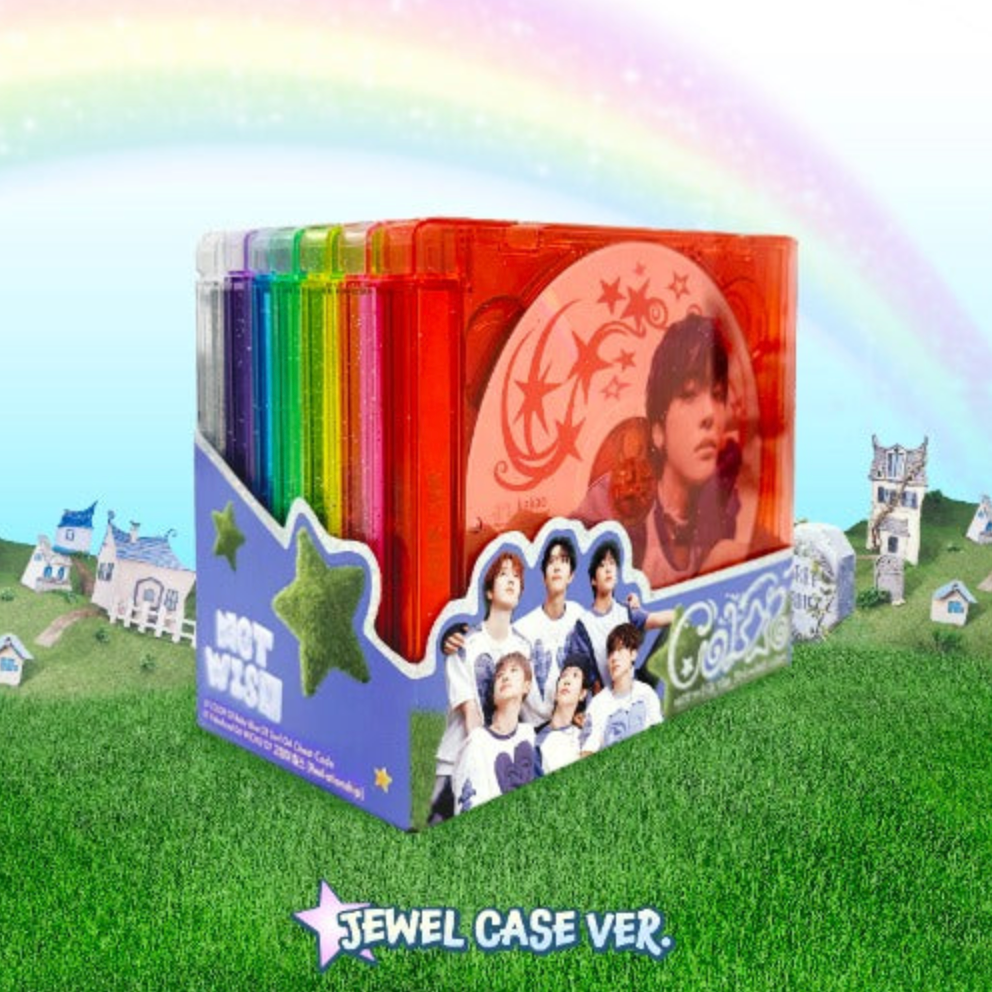 Jewel case with colorful covers and a group photo on a grassy field with rainbow sky