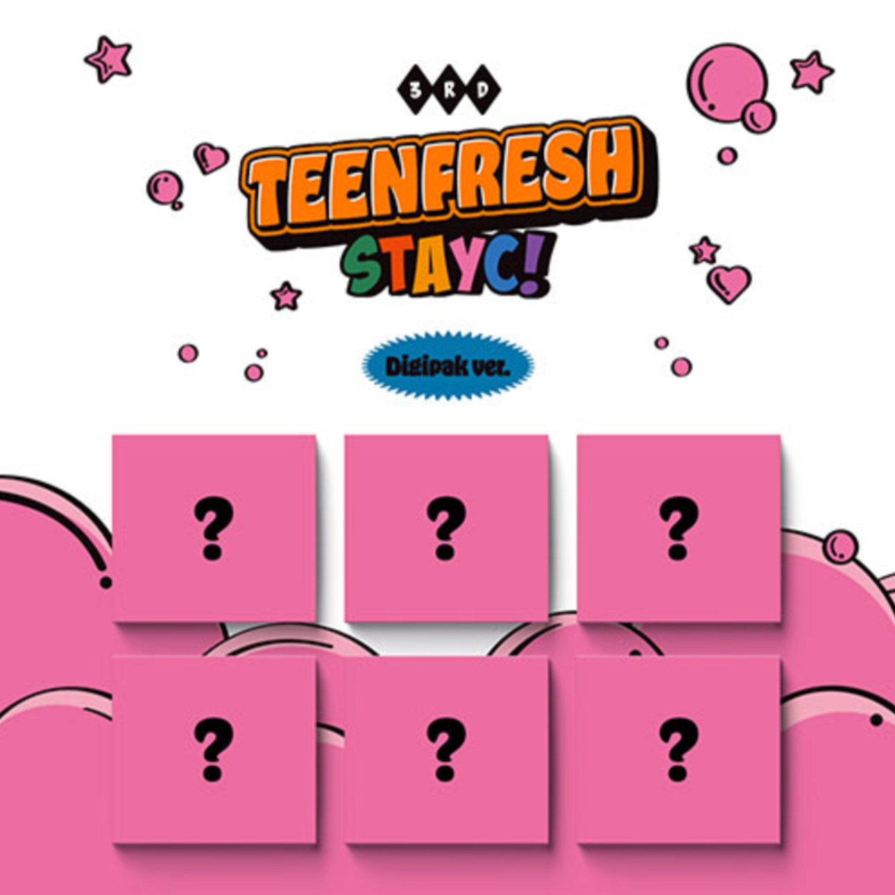 Album cover with pink question mark boxes and colorful text 'STAYC! TEENFRESH' on a light pink background