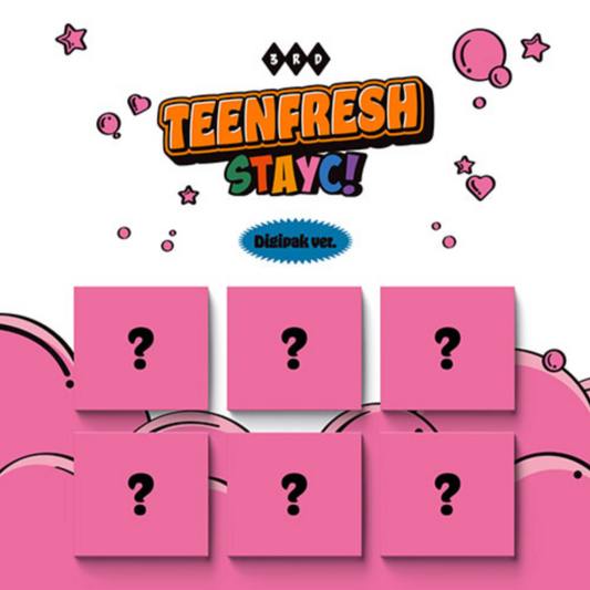 Album cover with pink question mark boxes and colorful text 'STAYC! TEENFRESH' on a light pink background