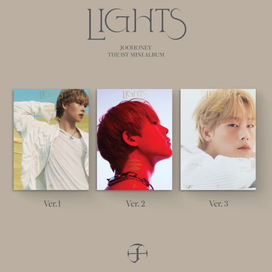 Album cover with three versions of a K-pop artist on a beige background