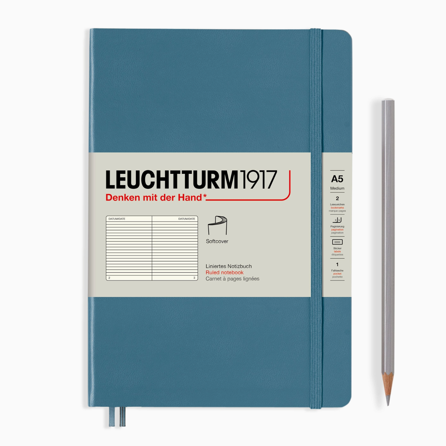 Blue notebook with Leuchtturm1917 branding on a white background