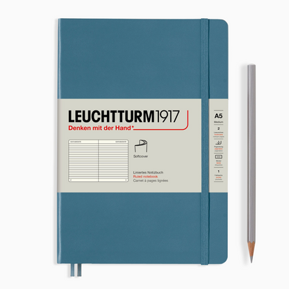 Blue notebook with Leuchtturm1917 branding on a white background