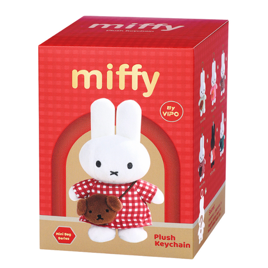 Miffy plush keychain packaging with red background and Miffy character on a white background