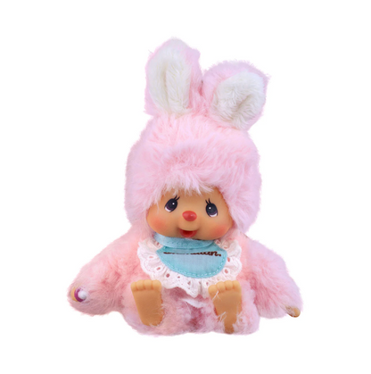 Plush toy resembling a character in a pink bunny outfit on a white background