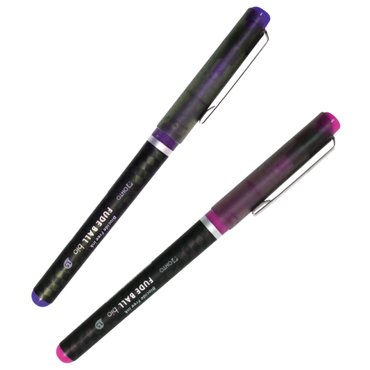 Two black, pink and purple pens with visible branding on a white background