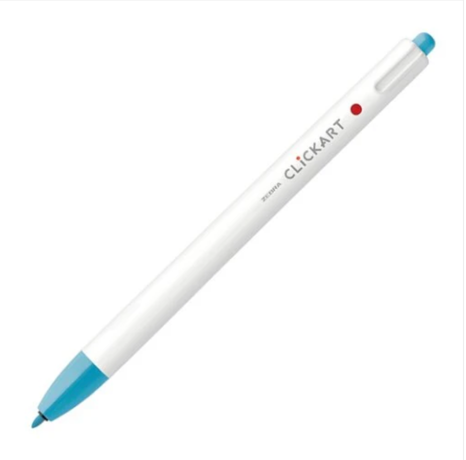 White pen with blue accents on a white background