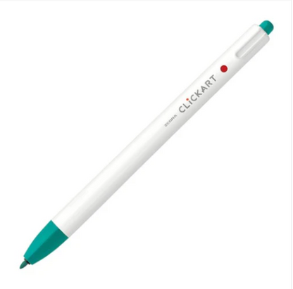 White pen with teal accents on a white background