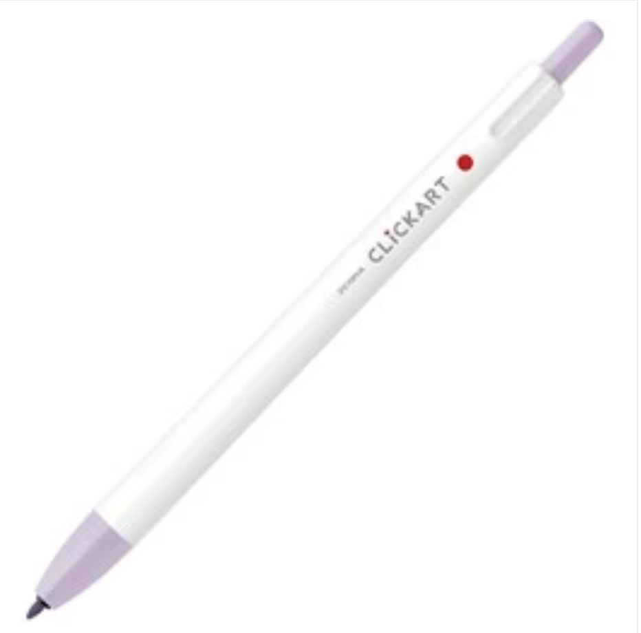 White pen with purple accents on a white background