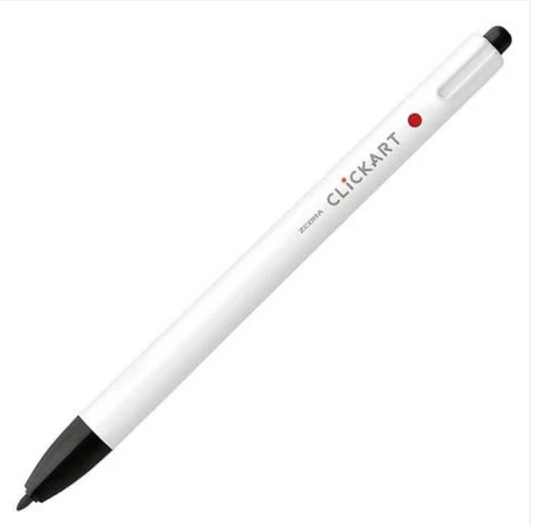 White pen with black accents on a white background