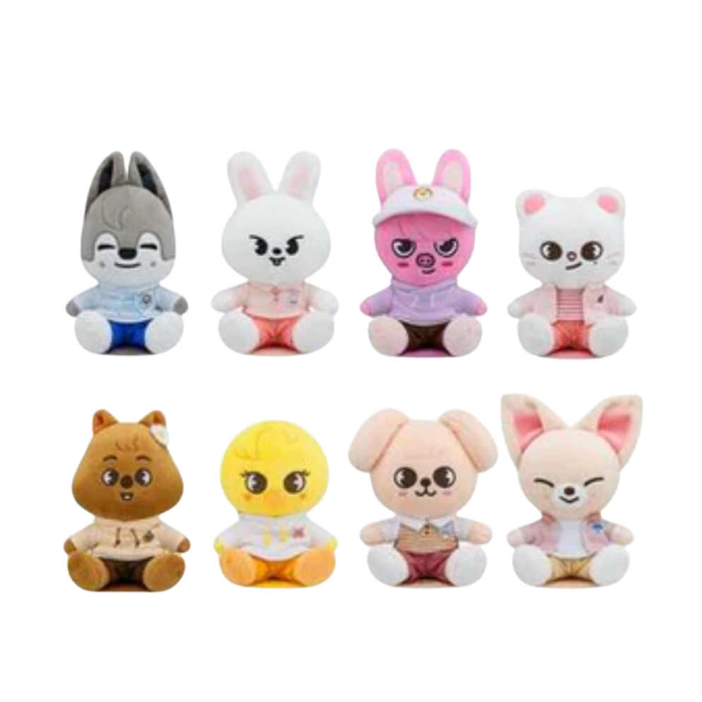 Set of eight small plush toys with different animal designs on a white background