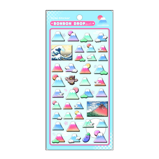 Packaged stickers with mountain designs on a white background