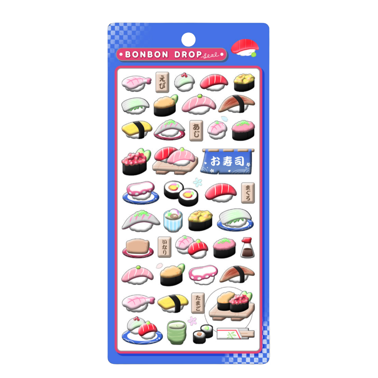 Pack of Bonbon Drop stickers featuring various sushi designs on a blue background.