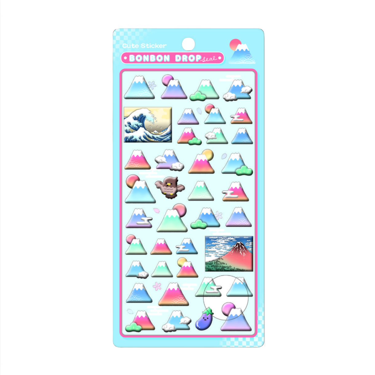 Packaged sticker sheet with colorful mountain designs on a white background