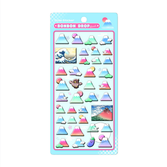 Packaged sticker sheet with colorful mountain designs on a white background