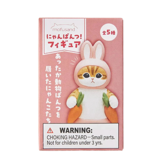 Boxed figurine of a cat in a bunny costume with carrot shoes, featuring a warning label on a white background.