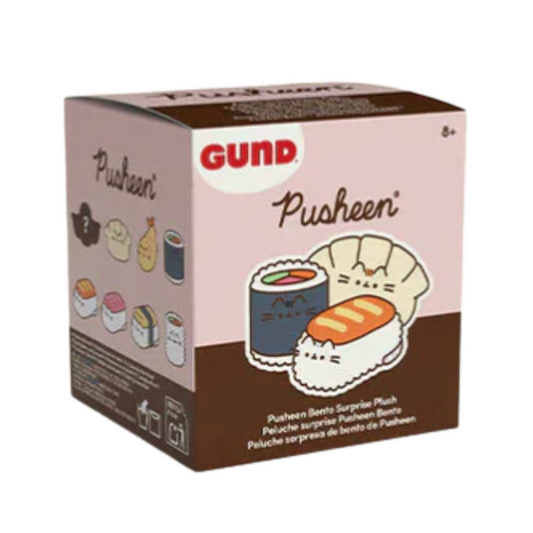 Gund Pusheen plush packaging with cartoon sushi design on a white background