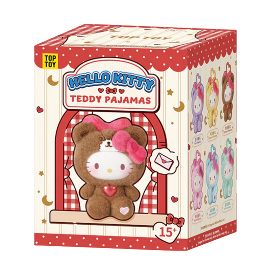 Box of Hello Kitty teddy bear pajamas with a red and white checkered design.