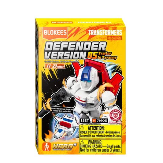 Toy figure packaging with 'Transformers' branding on a yellow background