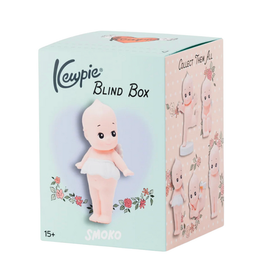 Kewpie blind box packaging with a doll illustration on a light blue background