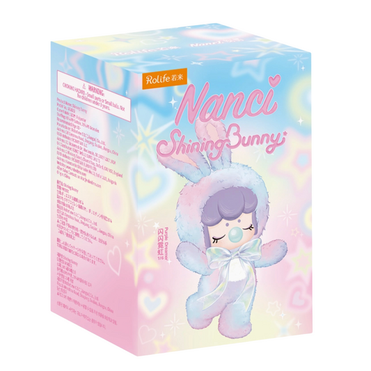 Box packaging of a plush toy named Nanci Shining Bunny with pastel colors and cute design.