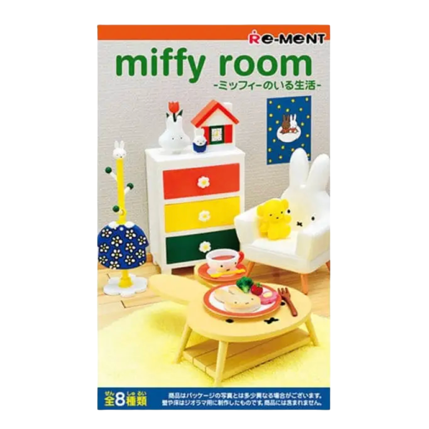 Product packaging for 'miffy room' with colorful furniture and toys on a white background.