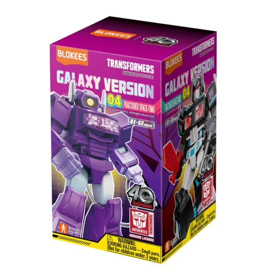 Transformers toy figure packaging with purple and yellow design on a white background