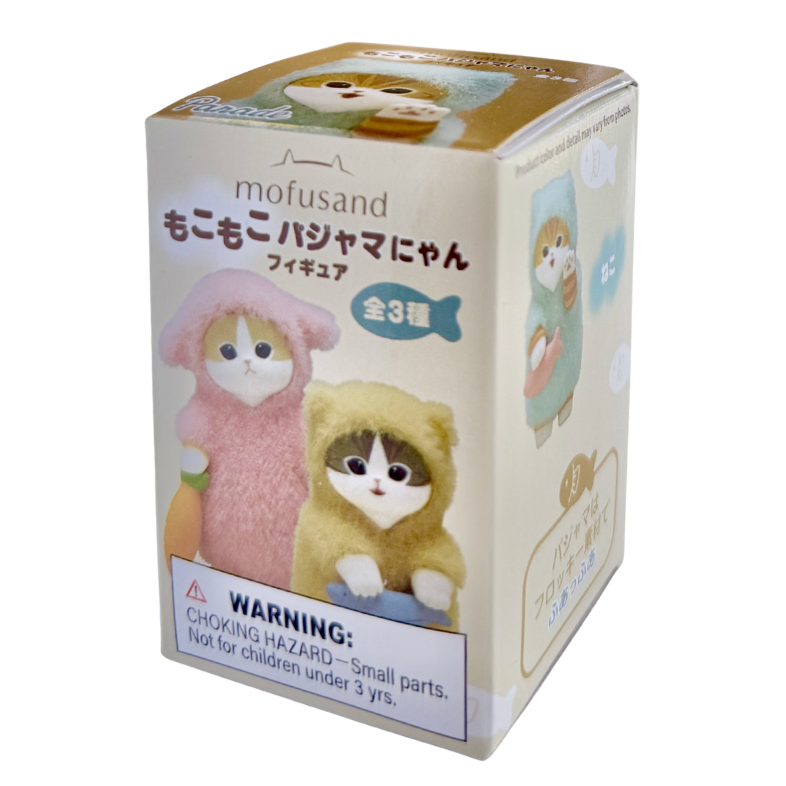 Box of mofusand plush toys with cartoon characters on a white background