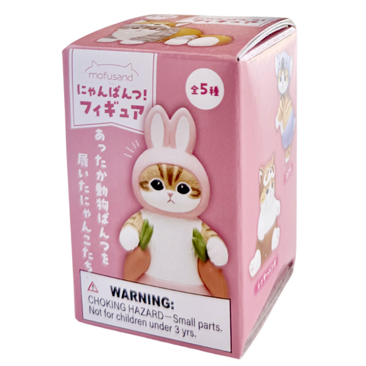 Pink packaging of a figurine with a cat in a bunny costume on a white background