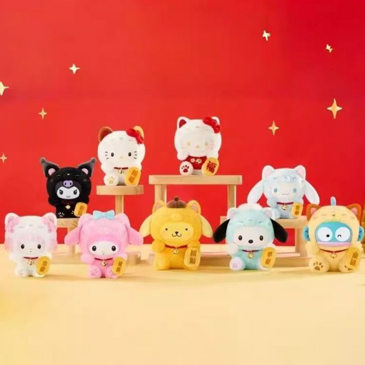 Colorful Sanrio plush toys on a red background with gold stars