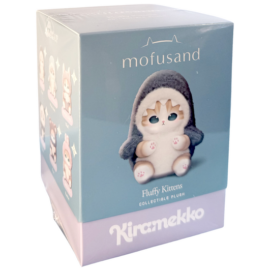 Box packaging of a 'Fluffy Kittens' collectible plush toy by Kiramekko with 'mofusand' branding.