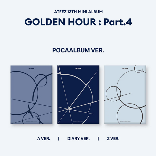 Three album covers for Ateez's 13th mini album 'Golden Hour: Part.4' with text indicating different versions.