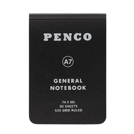 Black notebook with 'Penco' branding on a white background