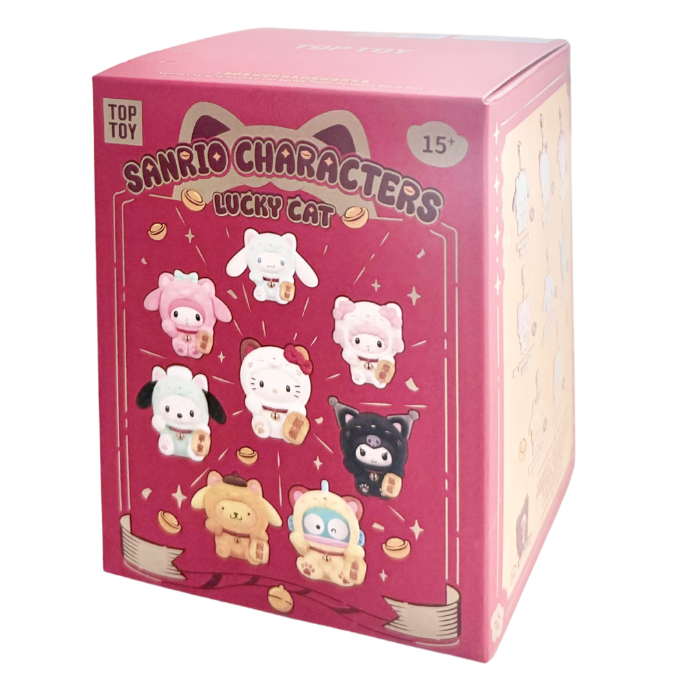 Pink packaging box featuring Sanrio characters on a white background