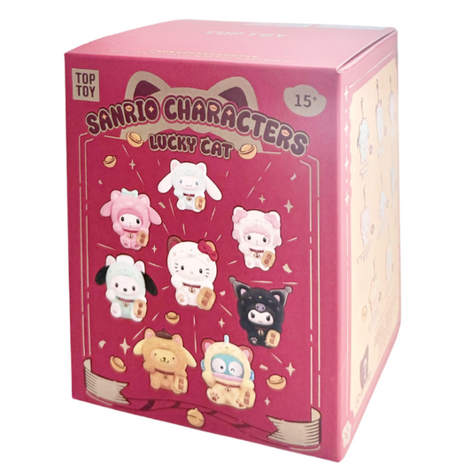 Pink packaging box featuring Sanrio characters on a white background