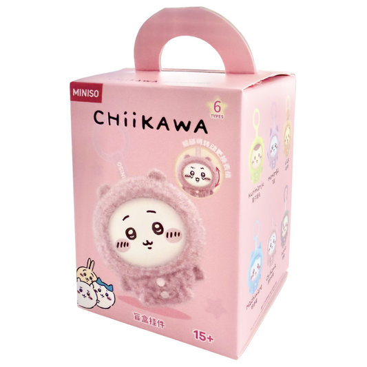 Pink packaging of Chiikawa product by Miniso on a white background