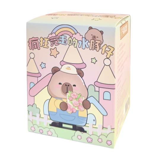 Cartoon bear character on a colorful box with rainbow and castle design