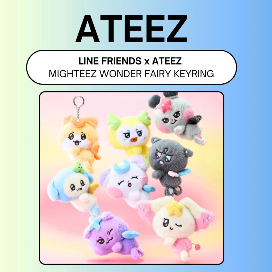 Mighteez Wonder Fairy keyrings by LINE FRIENDS x ATEEZ on a gradient background