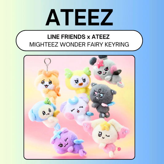 Mighteez Wonder Fairy keyrings by LINE FRIENDS x ATEEZ on a gradient background