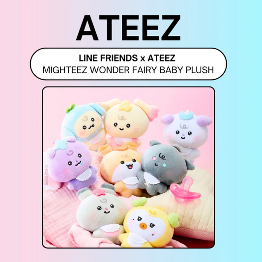 Collection of colorful plush toys with ATEEZ branding on a pink and blue gradient background.