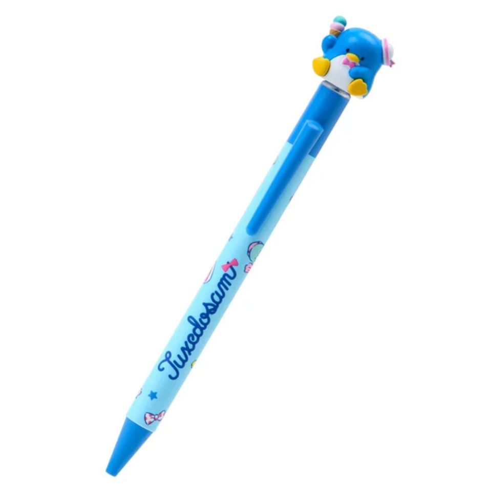 Blue cartoon pen with a small character on top against a white background