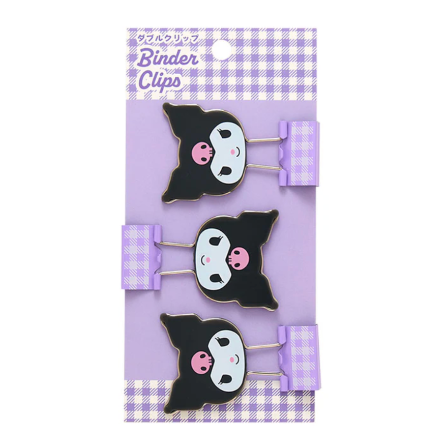 Set of three black cat-shaped binder clips on a purple and white checkered background
