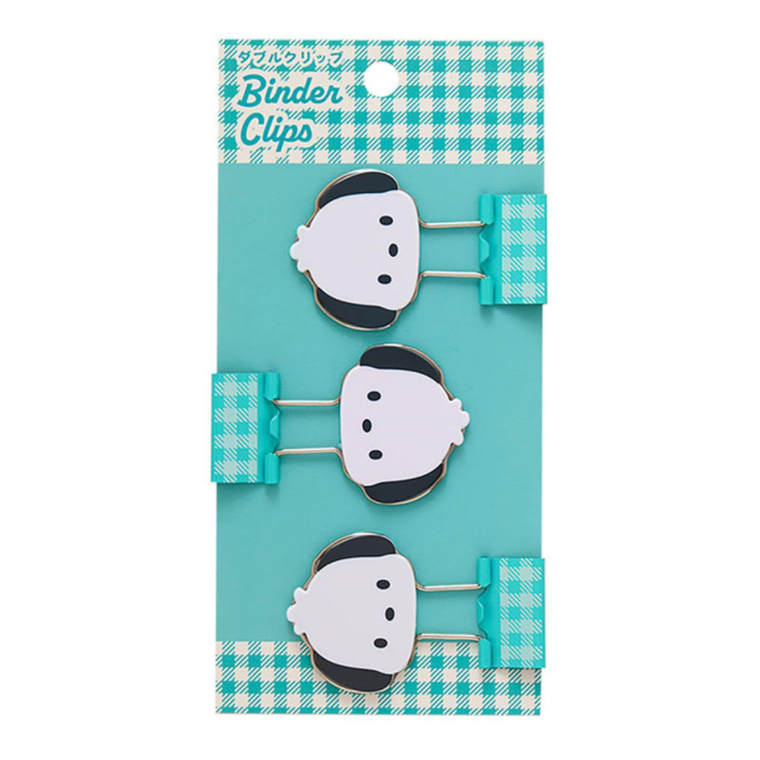 Set of Pochacco-themed binder clips on a blue and white checkered background