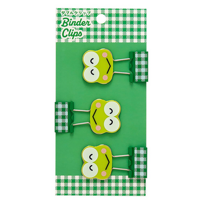 Pack of Keroppi-shaped binder clips on a green and white checkered background