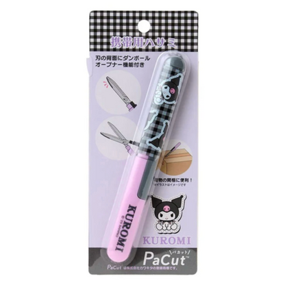 PaCut scissors with pink handle and black accents, featuring Kuromi branding, on a white background.