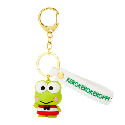 Green frog-shaped keychain with a gold ring and 'Kerokerokeroppi' tag on a white background
