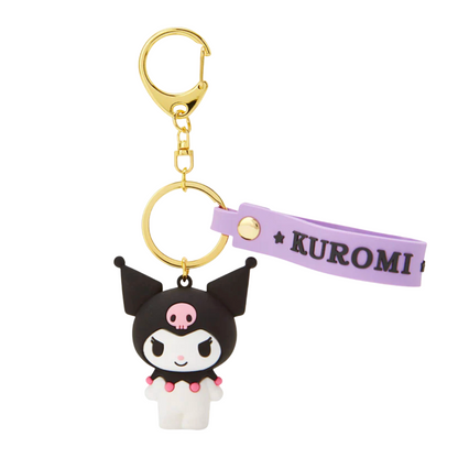 Kuromi character keychain with gold ring and purple tag on a white background