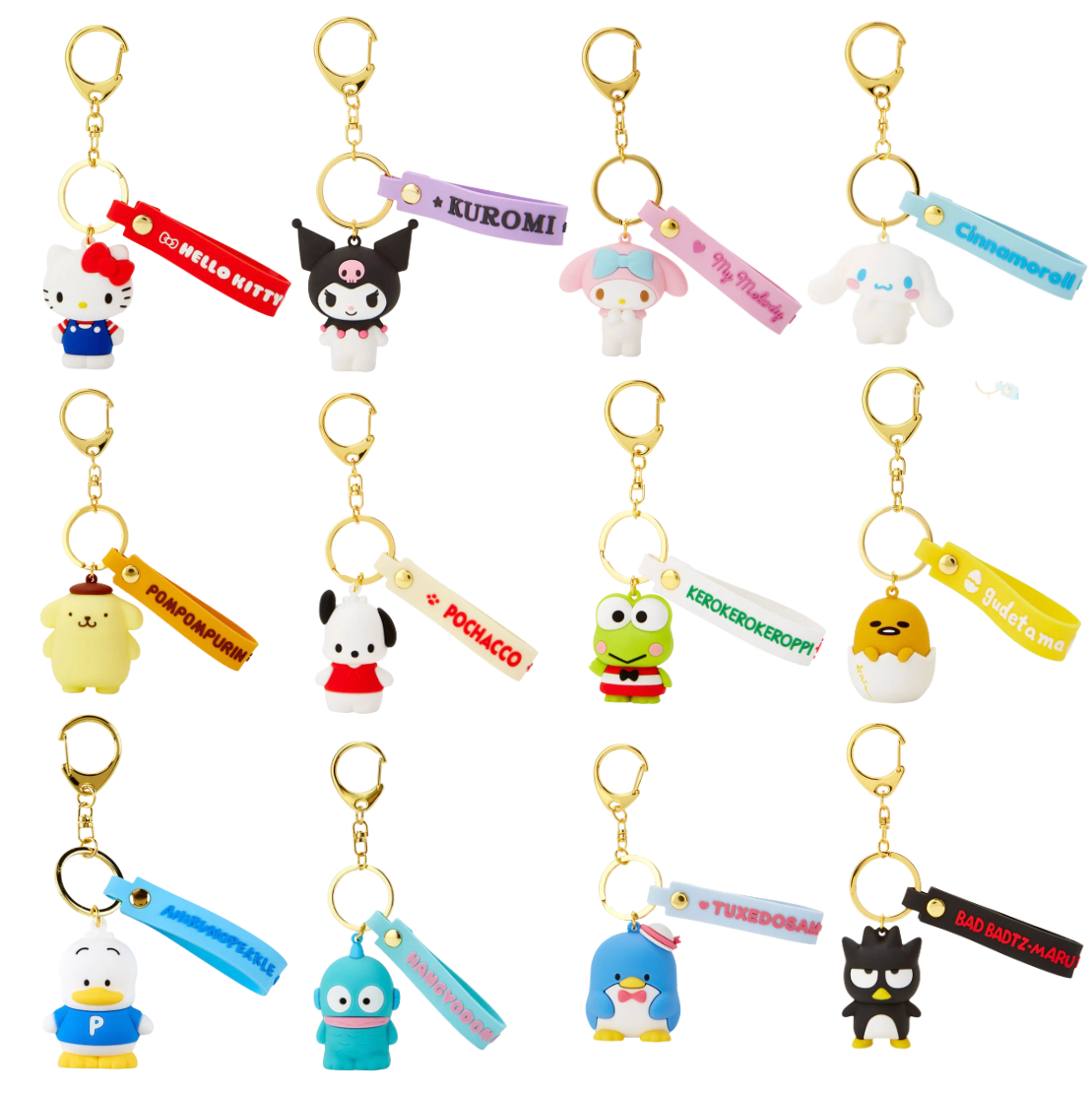 Collection of Sanrio character keychains with name tags on a white background