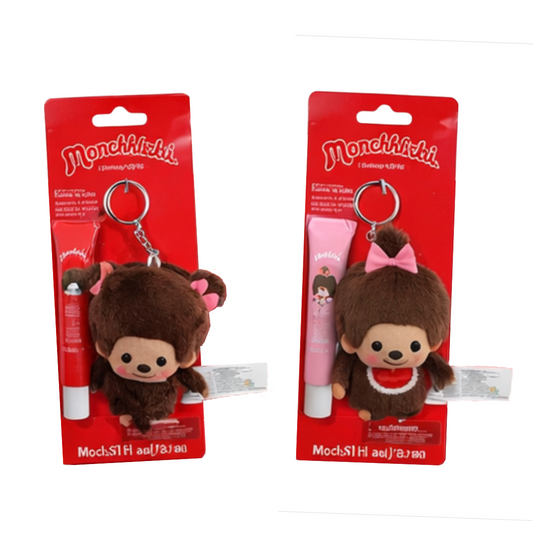 Two plush keychains with lip balms in red packaging, featuring the brand 'Mochii'.